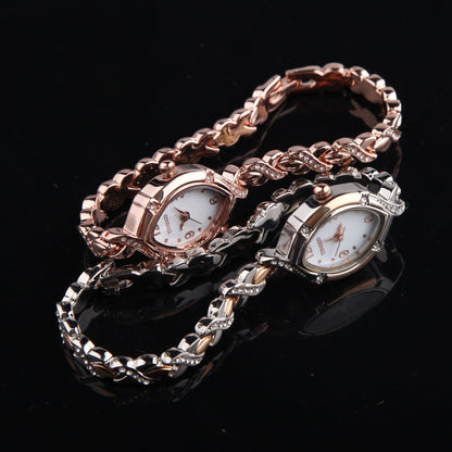 Distinctive rose gold-tone oval case design of the TIME100 Soho women's timepiece four - Time100
