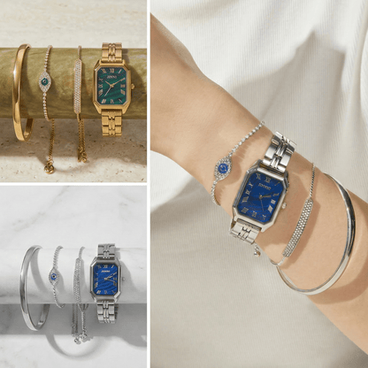 Close-up of the easy-to-read glossy emerald green dial and vintage rectangle case on the TIME100 watch - Time100