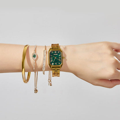 Professional woman styling the vintage emerald green rectangle watch for a minimalist office look Gold - Time100