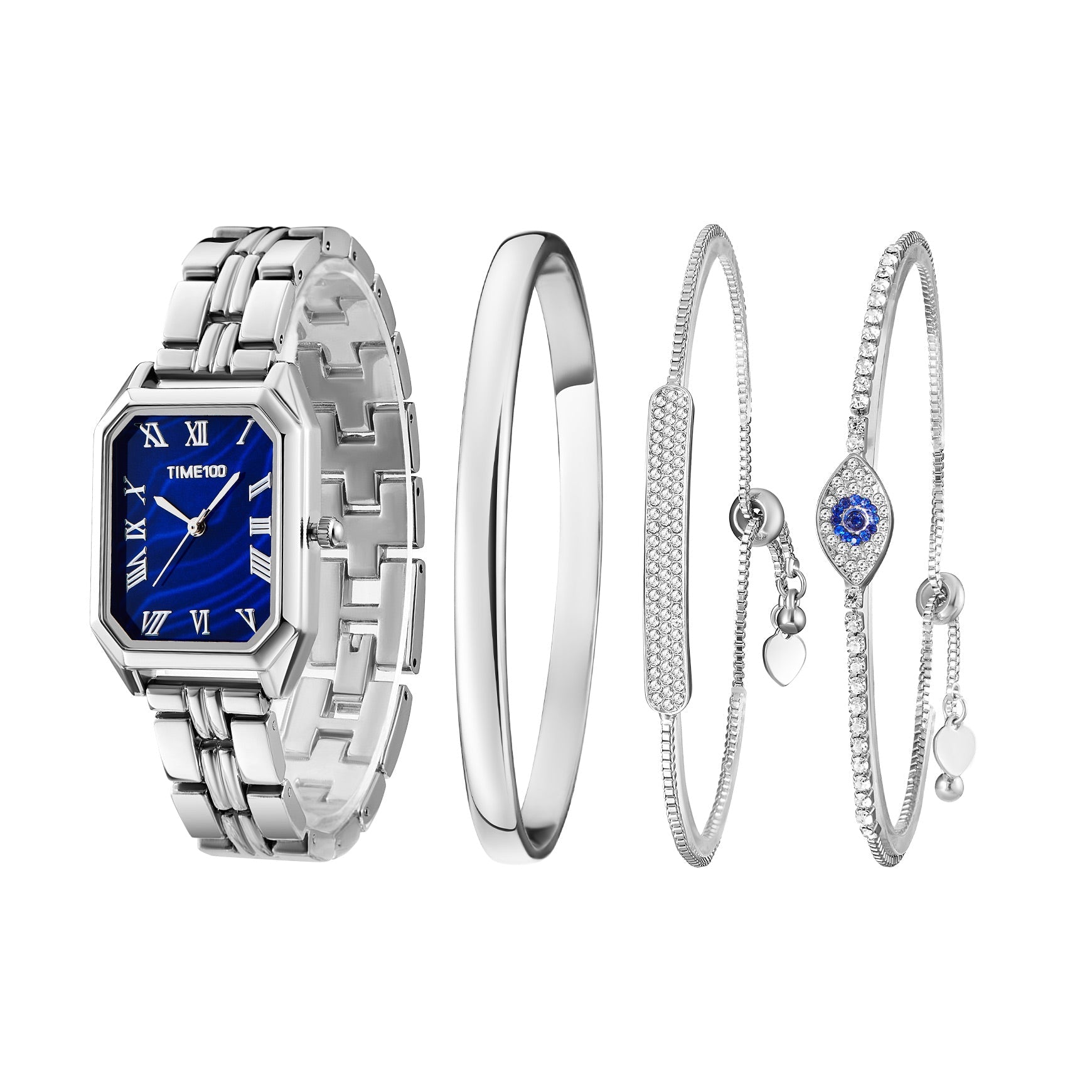 TIME100 Women's Vintage Jewelry Set featuring an Emerald Green Rectangle Watch and 3 Gold-Tone Bracelets Silver - Time100