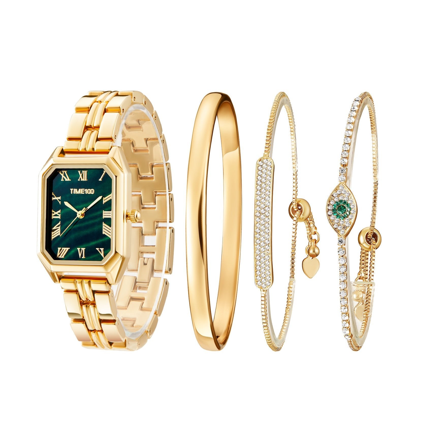 TIME100 Women's Vintage Jewelry Set featuring an Emerald Green Rectangle Watch and 3 Gold-Tone Bracelets Gold - Time100