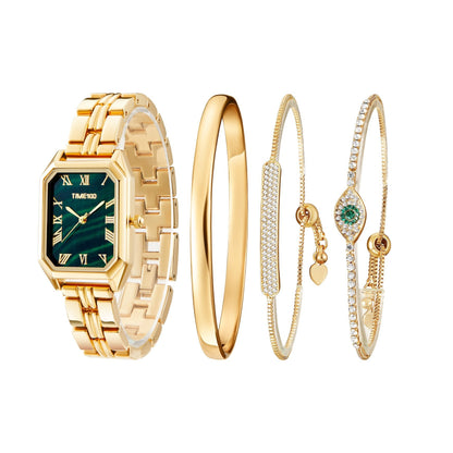 TIME100 Women's Vintage Jewelry Set featuring an Emerald Green Rectangle Watch and 3 Gold-Tone Bracelets Gold - Time100