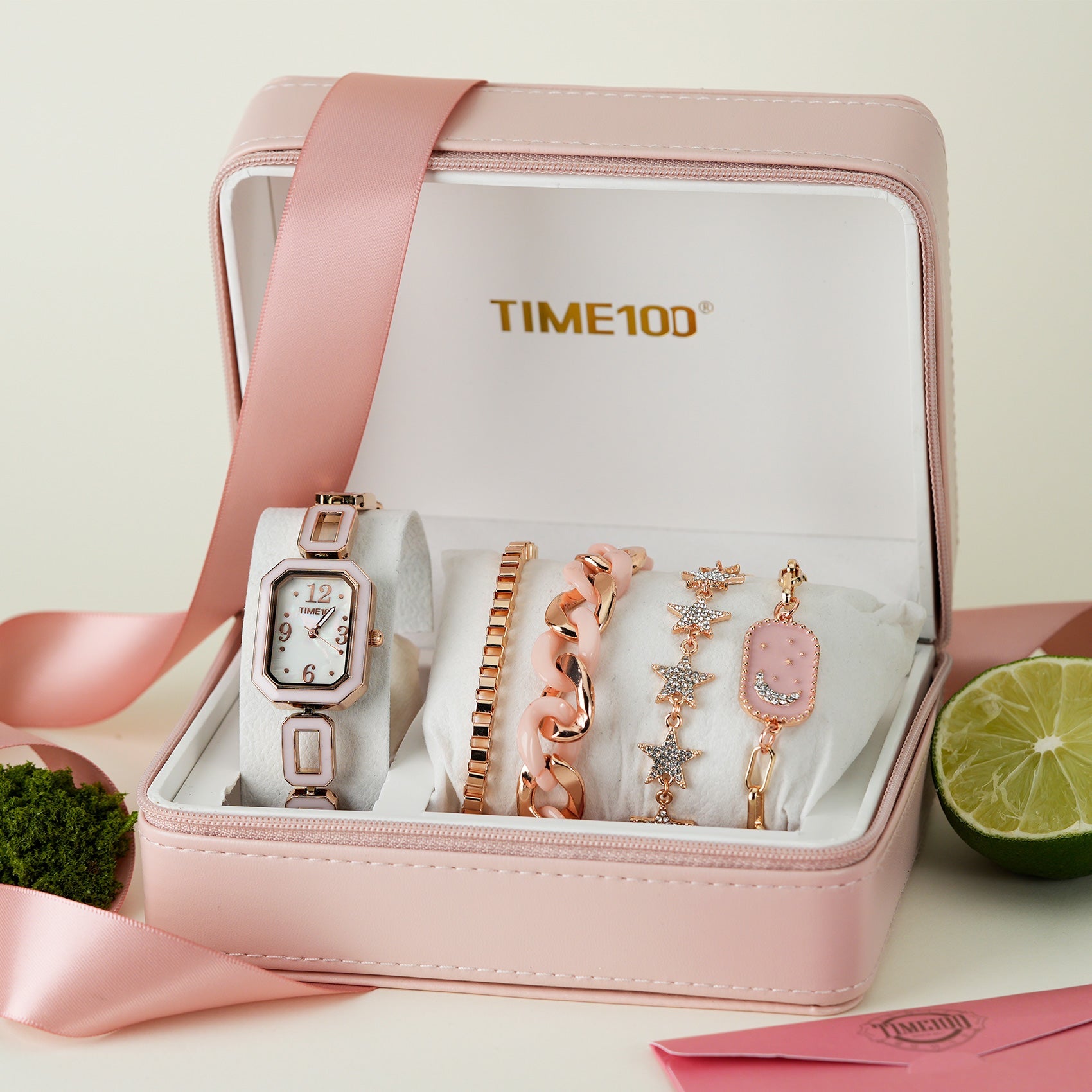 TIME100 chic 5-piece jewelry and watch set presented as a perfect gift for women Pink - Time100