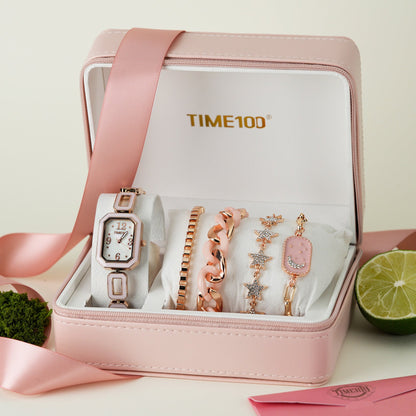 TIME100 chic 5-piece jewelry and watch set presented as a perfect gift for women Pink - Time100