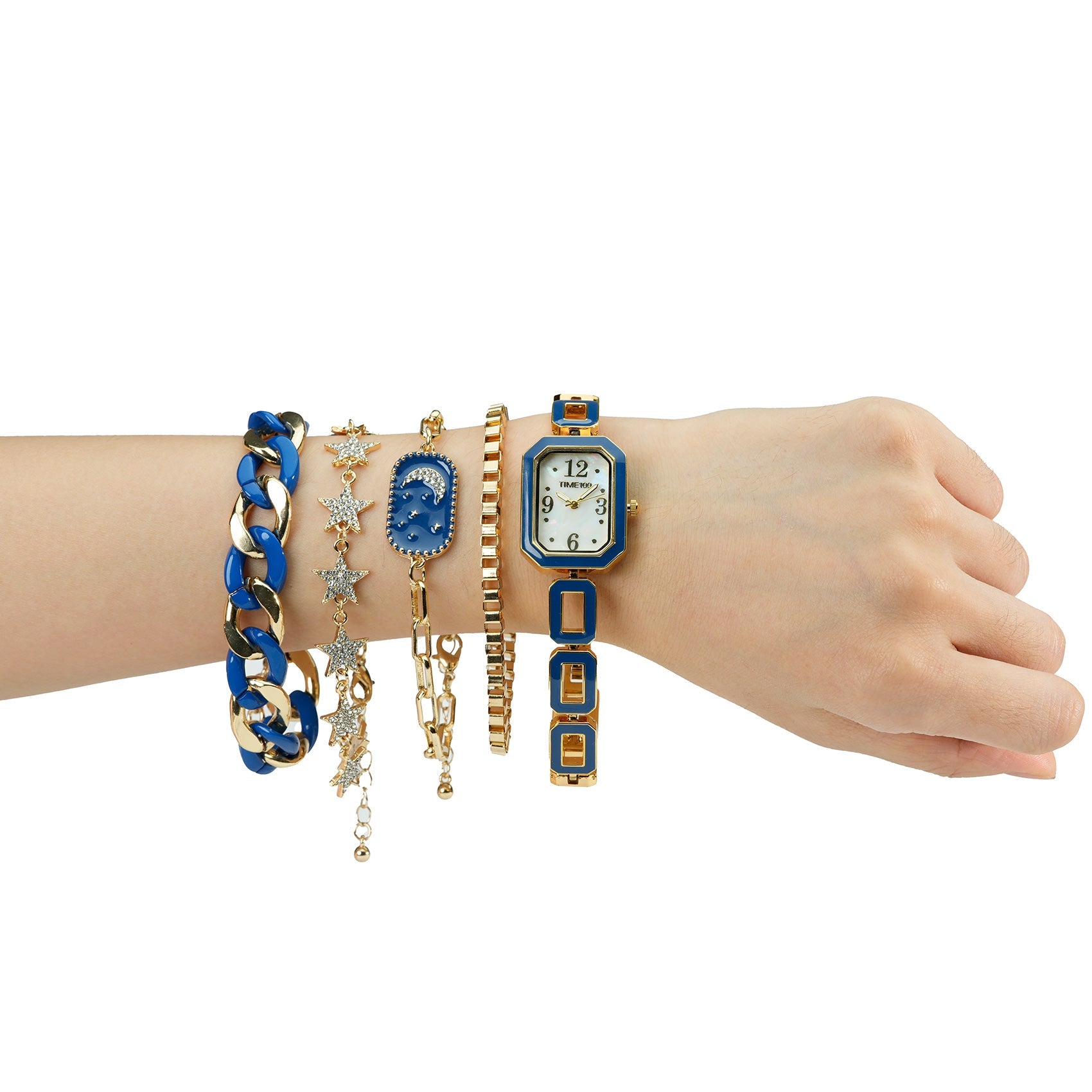 Detail of the four stackable geometric metal alloy bracelets included in the TIME100 jewelry set Blue - Time100