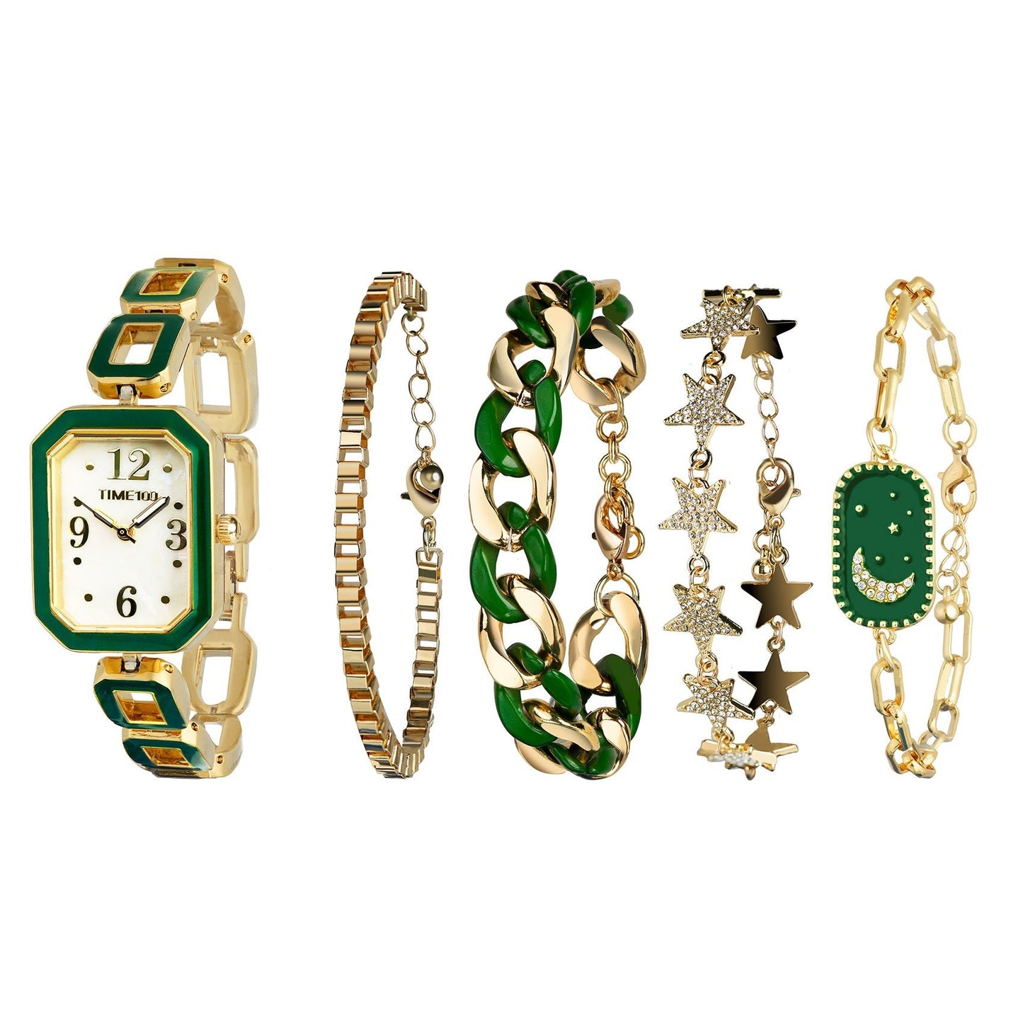TTIME100 W50891 5-Piece Women's Watch and Bracelet Set in Luxurious Rose Gold Green - Time100