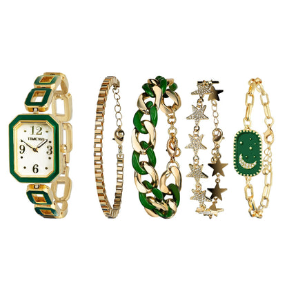 TTIME100 W50891 5-Piece Women's Watch and Bracelet Set in Luxurious Rose Gold Green - Time100
