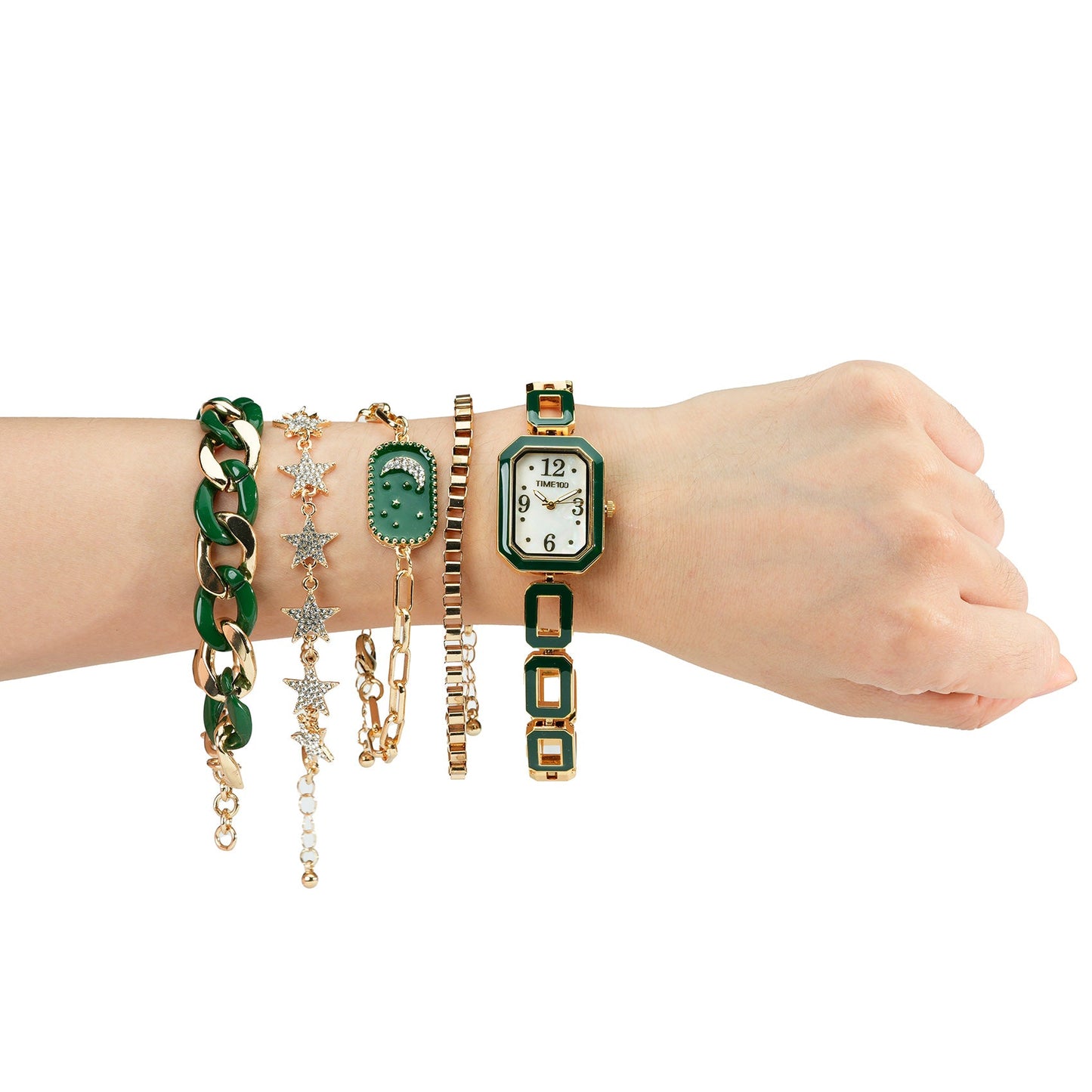 Detail of the four stackable geometric metal alloy bracelets included in the TIME100 jewelry set Green - Time100