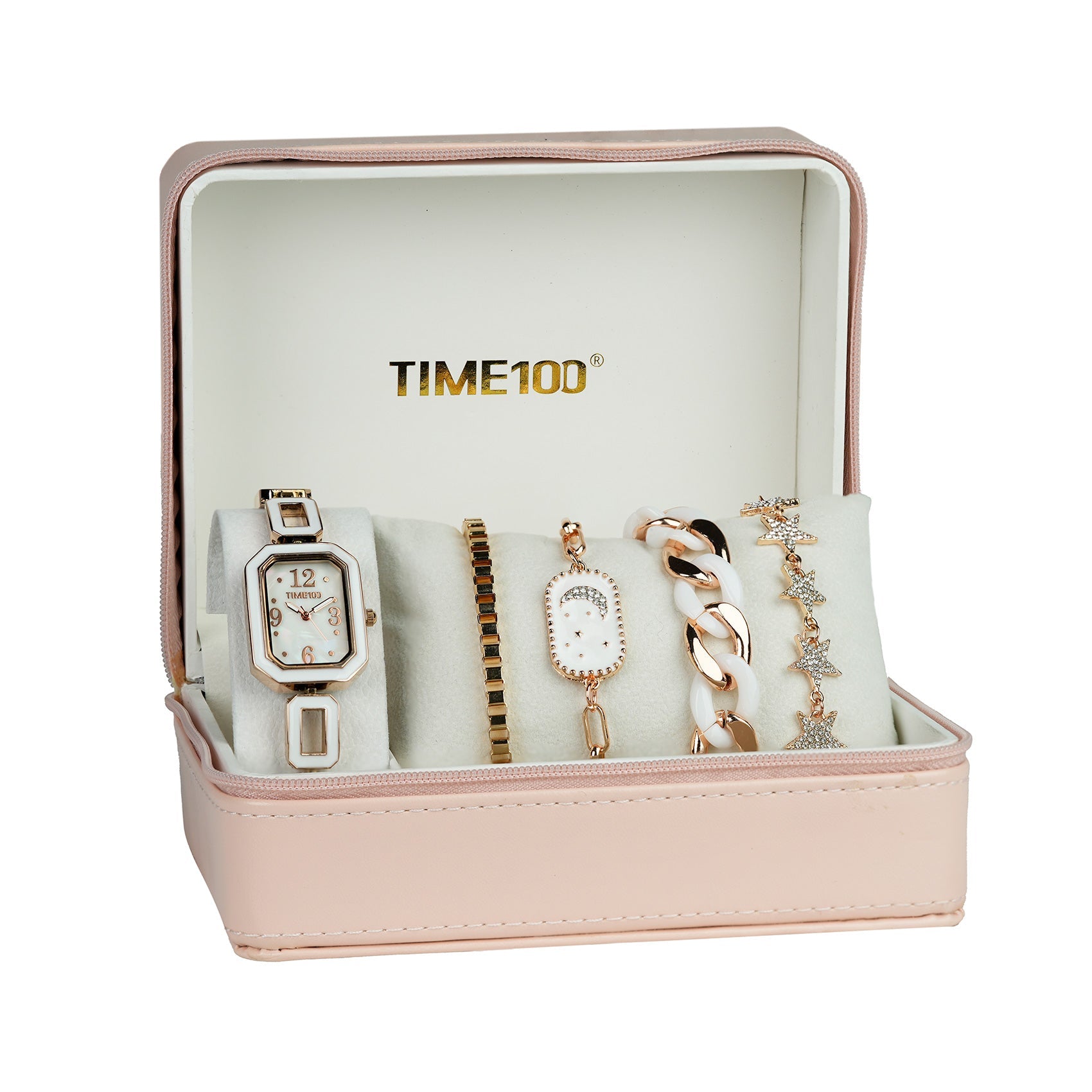 TIME100 chic 5-piece jewelry and watch set presented as a perfect gift for women White - Time100