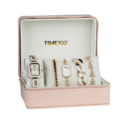 TIME100 chic 5-piece jewelry and watch set presented as a perfect gift for women White - Time100