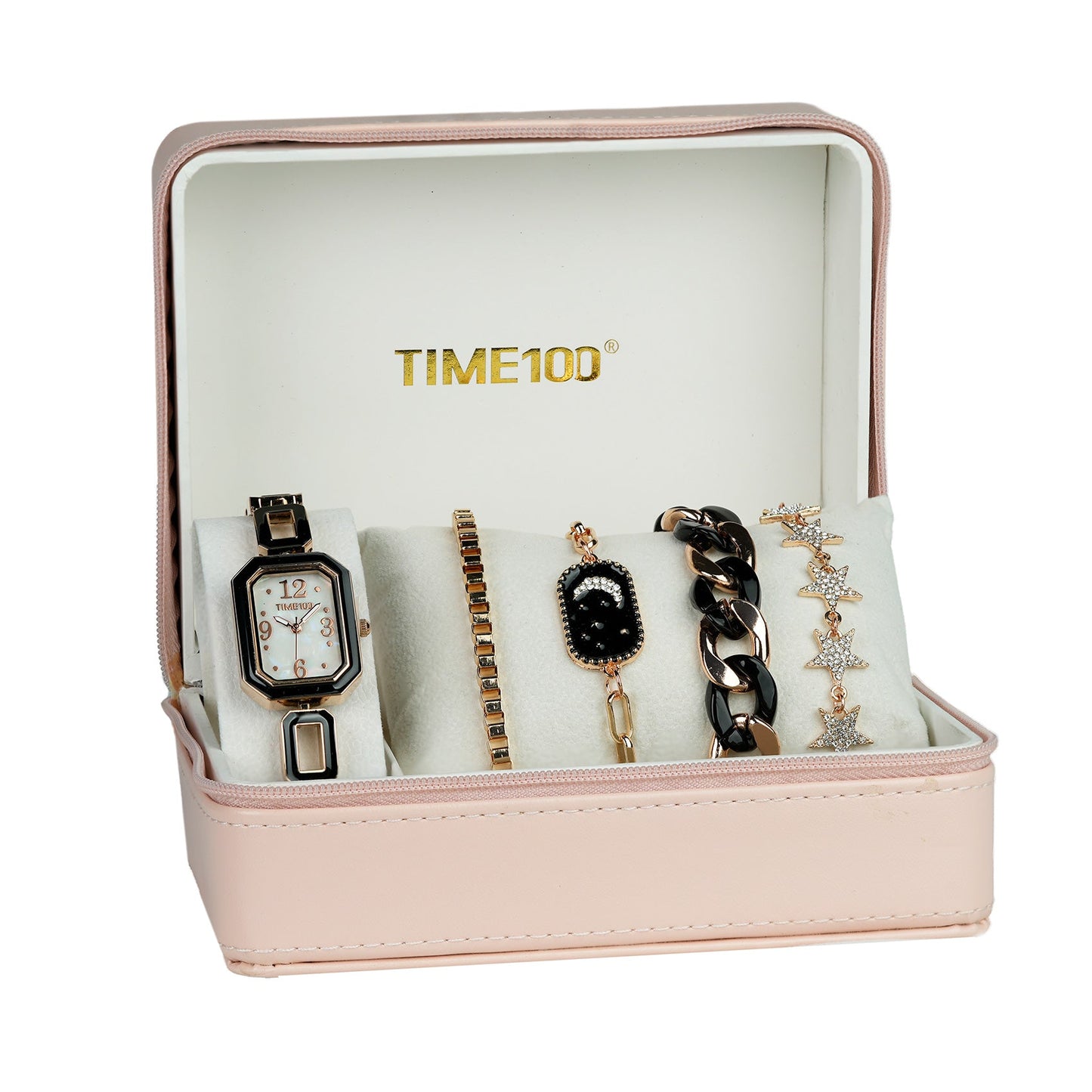 TIME100 chic 5-piece jewelry and watch set presented as a perfect gift for women Black - Time100