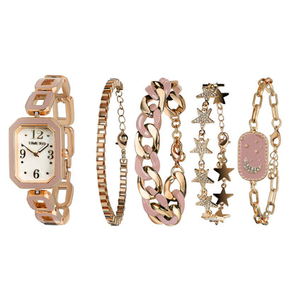 TTIME100 W50891 5-Piece Women's Watch and Bracelet Set in Luxurious Rose Gold Pink - Time100