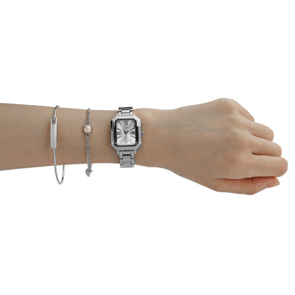 TIME100 Women's Rectangular Watch Set with Bracelet, Chain, and 4 Pairs of Earrings, Pink Zippered Gift Box W50893L - Time100