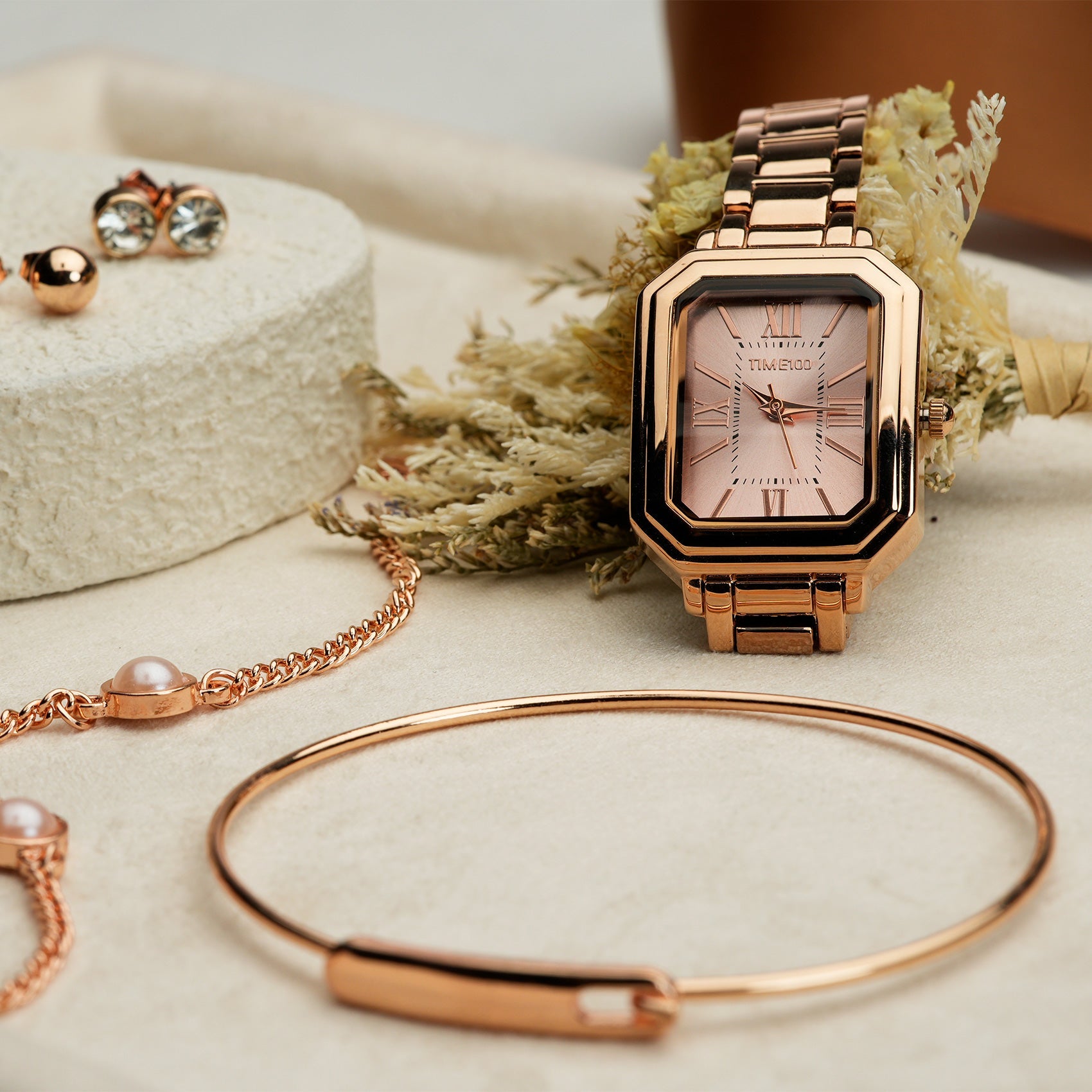 TIME100 Women's Rectangular Watch Set with Bracelet, Chain, and 4 Pairs of Earrings, Pink Zippered Gift Box W50893L - Time100