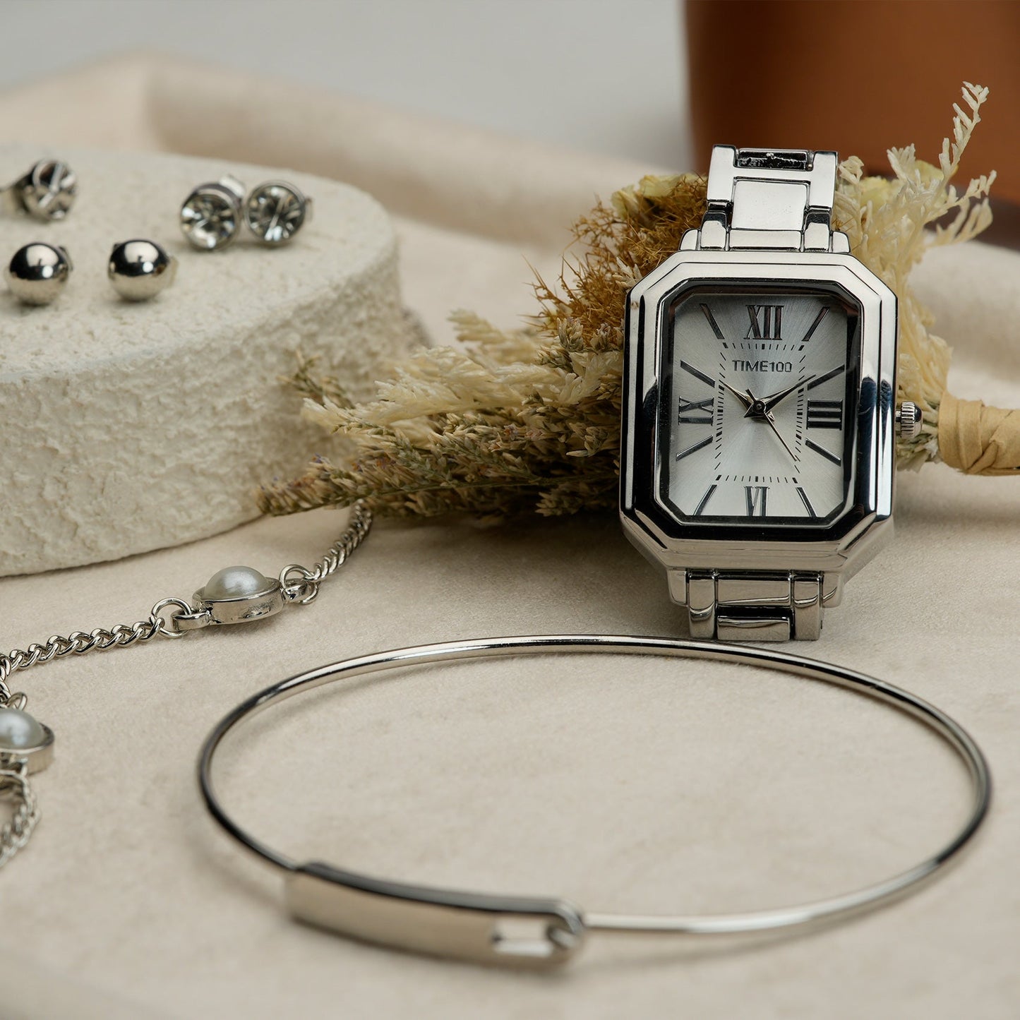 TIME100 Women's Rectangular Watch Set with Bracelet, Chain, and 4 Pairs of Earrings, Pink Zippered Gift Box W50893L - Time100