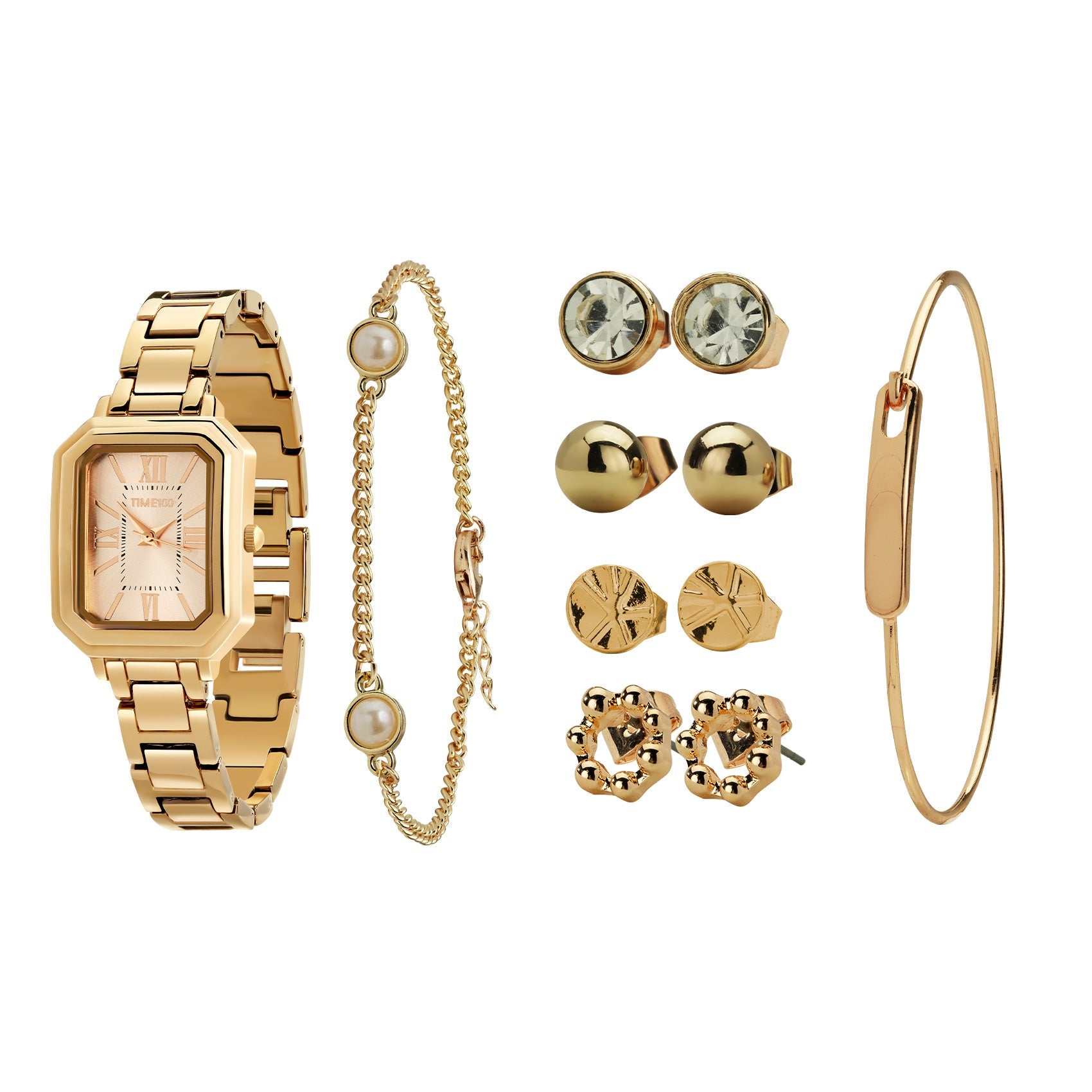 TIME100 Women's Rectangular Watch Set with Bracelet, Chain, and 4 Pairs of Earrings, Pink Zippered Gift Box W50893L - Time100