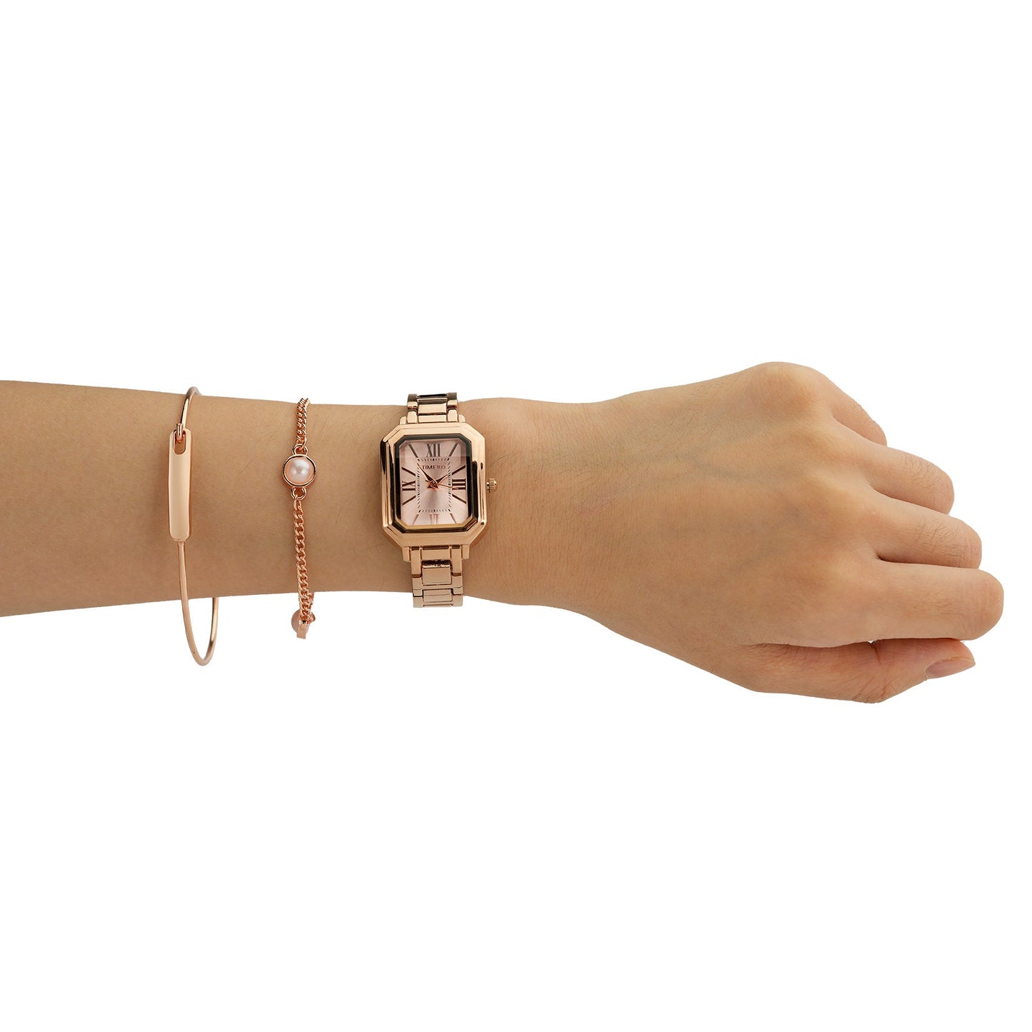 TIME100 Women's Rectangular Watch Set with Bracelet, Chain, and 4 Pairs of Earrings, Pink Zippered Gift Box W50893L - Time100