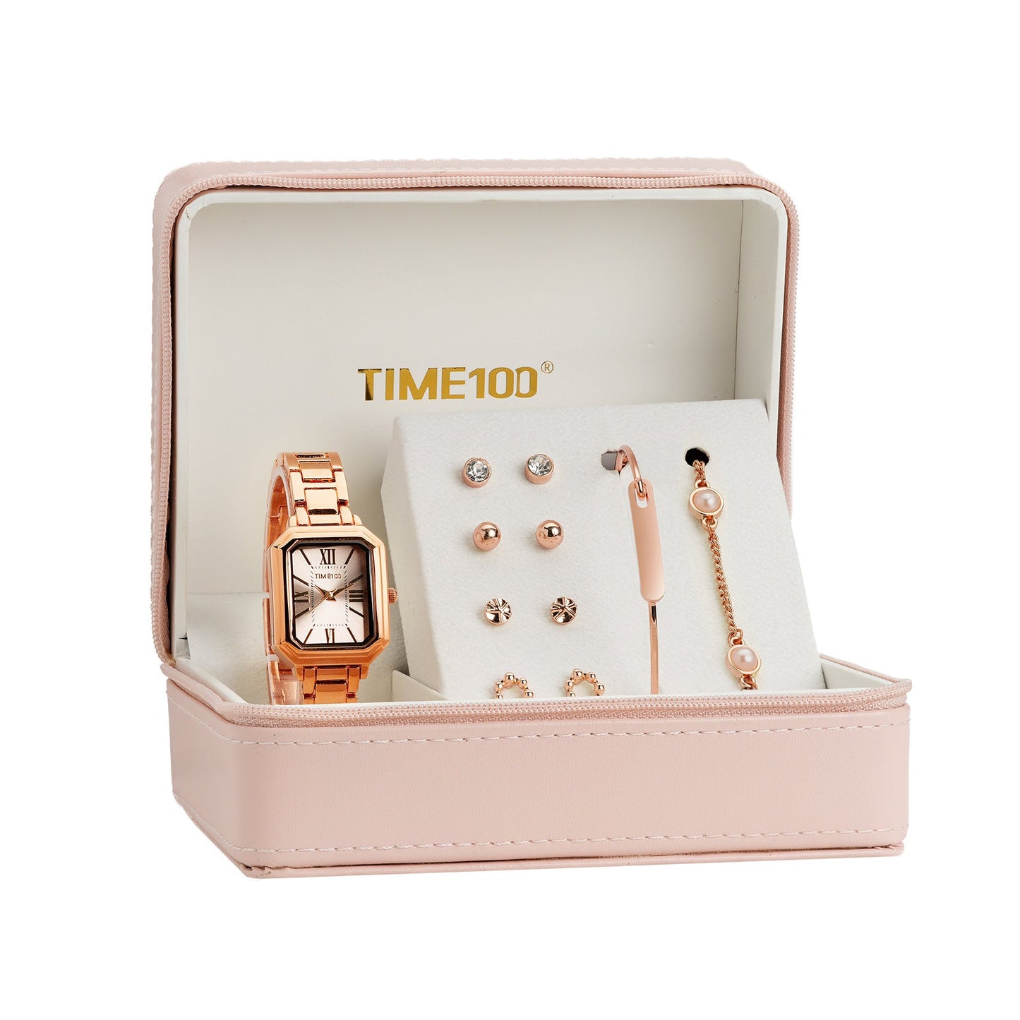 TIME100 Women's Rectangular Watch Set with Bracelet, Chain, and 4 Pairs of Earrings, Pink Zippered Gift Box W50893L - Time100