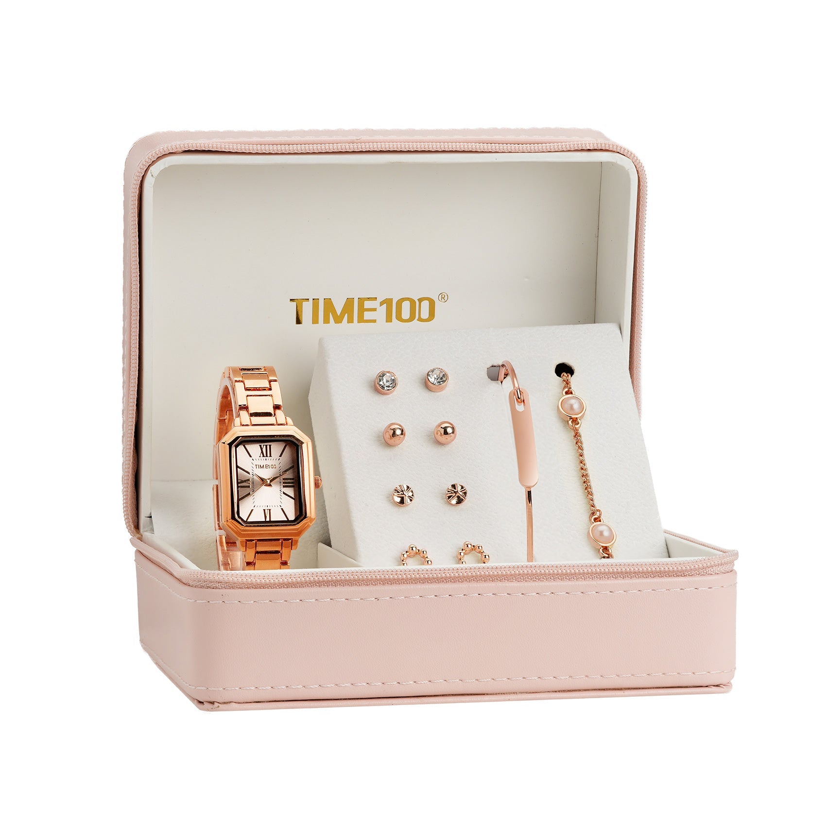 TIME100 Women's Rectangular Watch Set with Bracelet, Chain, and 4 Pairs of Earrings, Pink Zippered Gift Box W50893L - Time100