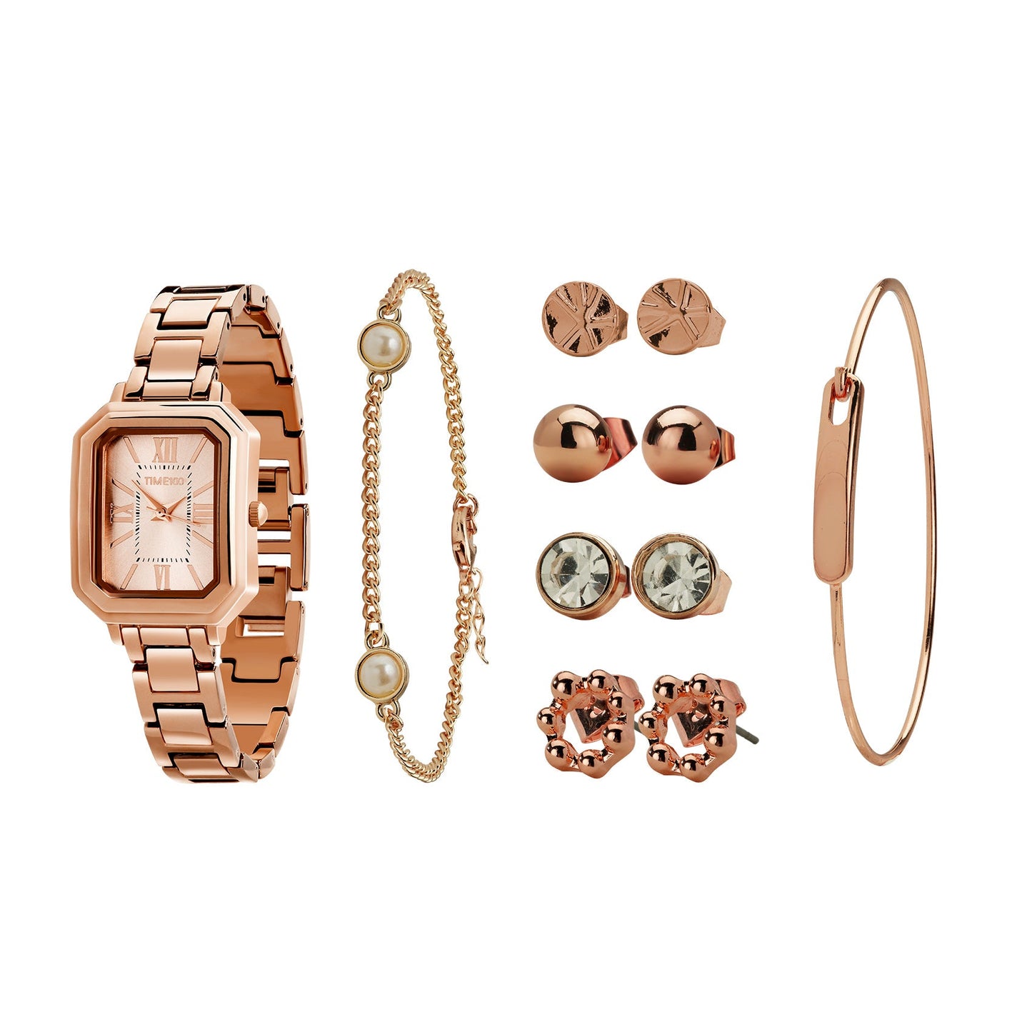 TIME100 Women's Rectangular Watch Set with Bracelet, Chain, and 4 Pairs of Earrings, Pink Zippered Gift Box W50893L - Time100