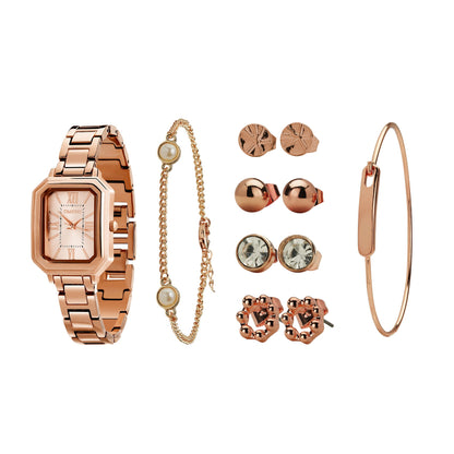 TIME100 Women's Rectangular Watch Set with Bracelet, Chain, and 4 Pairs of Earrings, Pink Zippered Gift Box W50893L - Time100