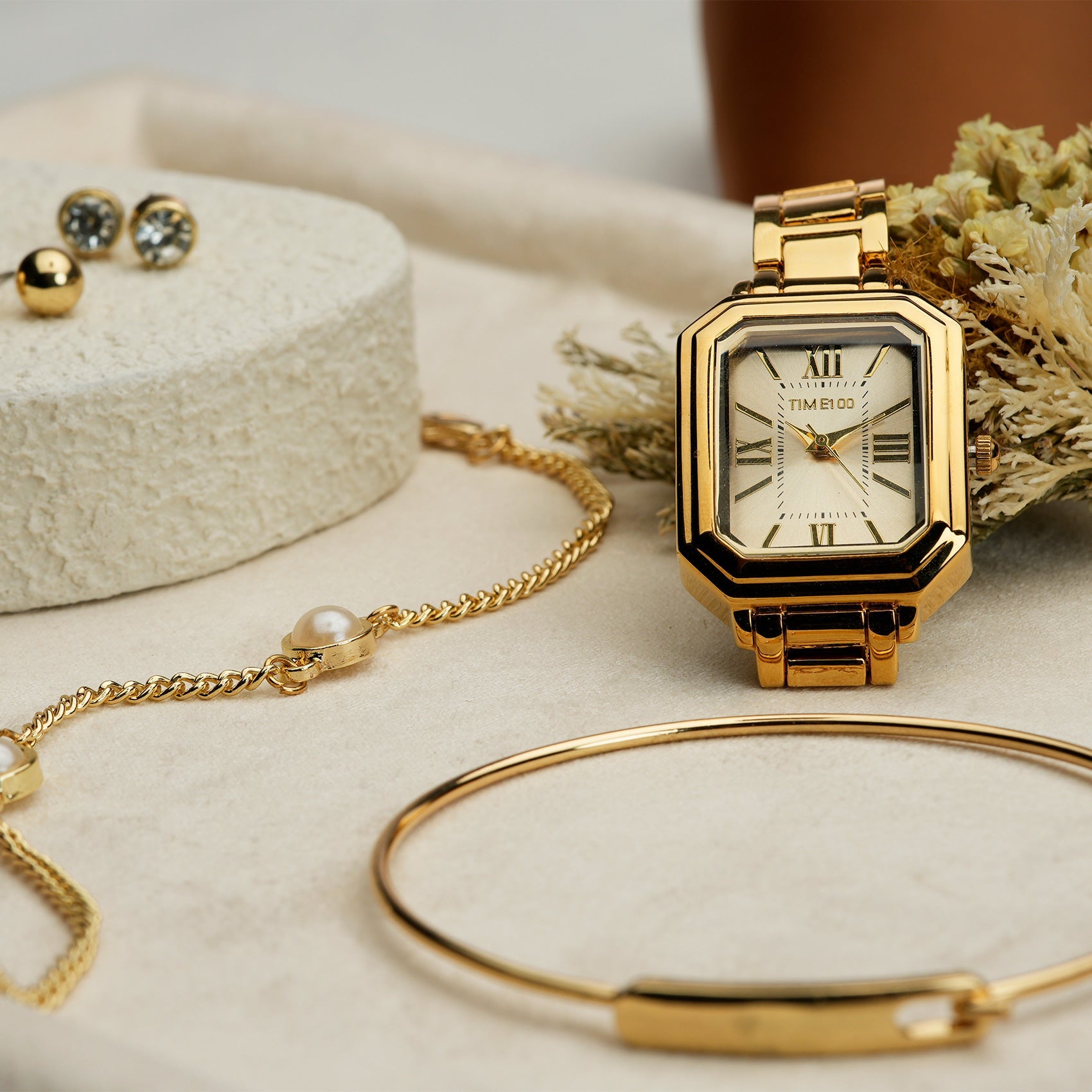 TIME100 Women's Rectangular Watch Set with Bracelet, Chain, and 4 Pairs of Earrings, Pink Zippered Gift Box W50893L - Time100