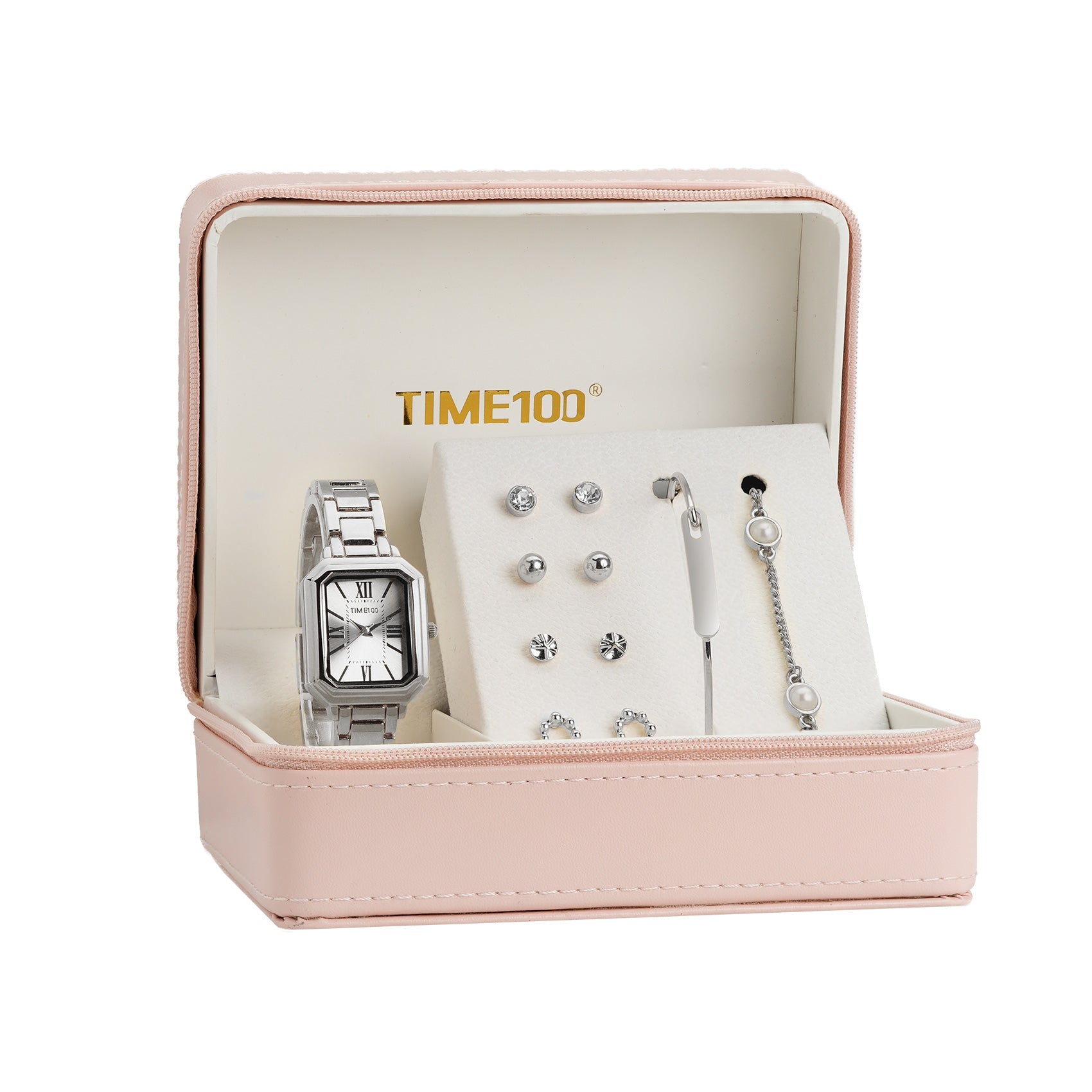 TIME100 Women's Rectangular Watch Set with Bracelet, Chain, and 4 Pairs of Earrings, Pink Zippered Gift Box W50893L - Time100