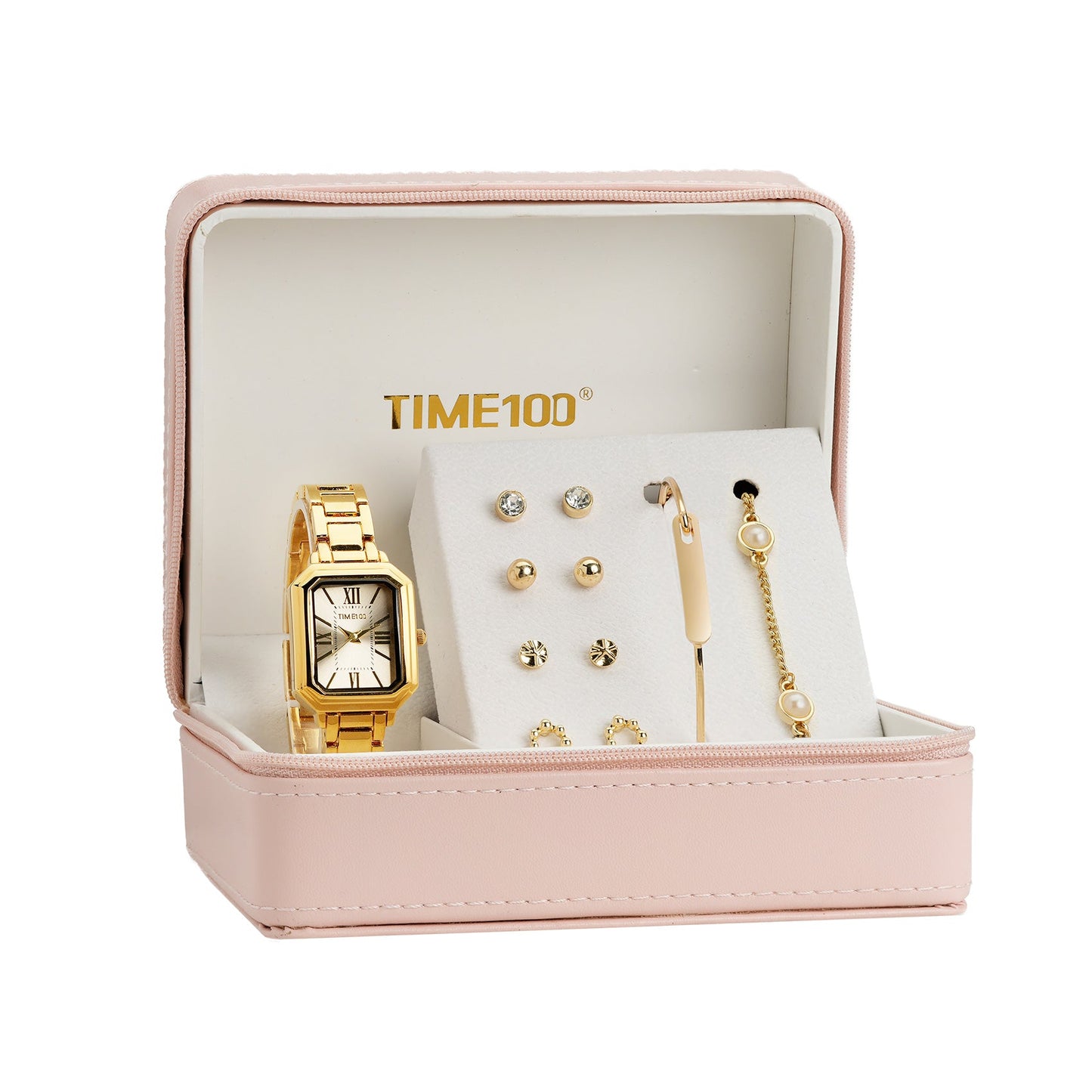 TIME100 Women's Rectangular Watch Set with Bracelet, Chain, and 4 Pairs of Earrings, Pink Zippered Gift Box W50893L - Time100