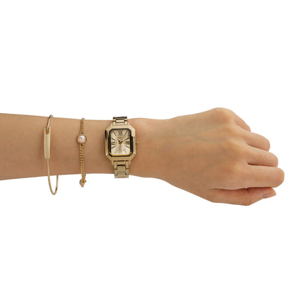 TIME100 Women's Rectangular Watch Set with Bracelet, Chain, and 4 Pairs of Earrings, Pink Zippered Gift Box W50893L - Time100