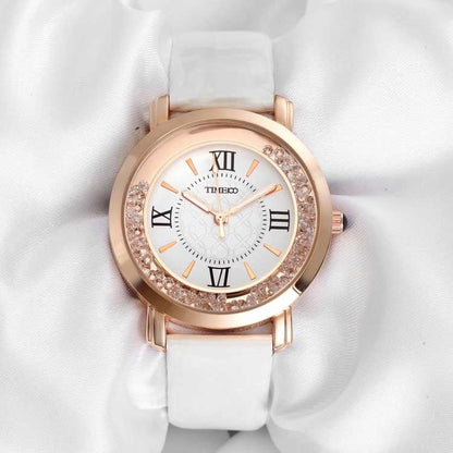 Close-up of the elegant purple dial featuring easy-to-read Roman numerals and a crystal-encrusted bezel White - Time100