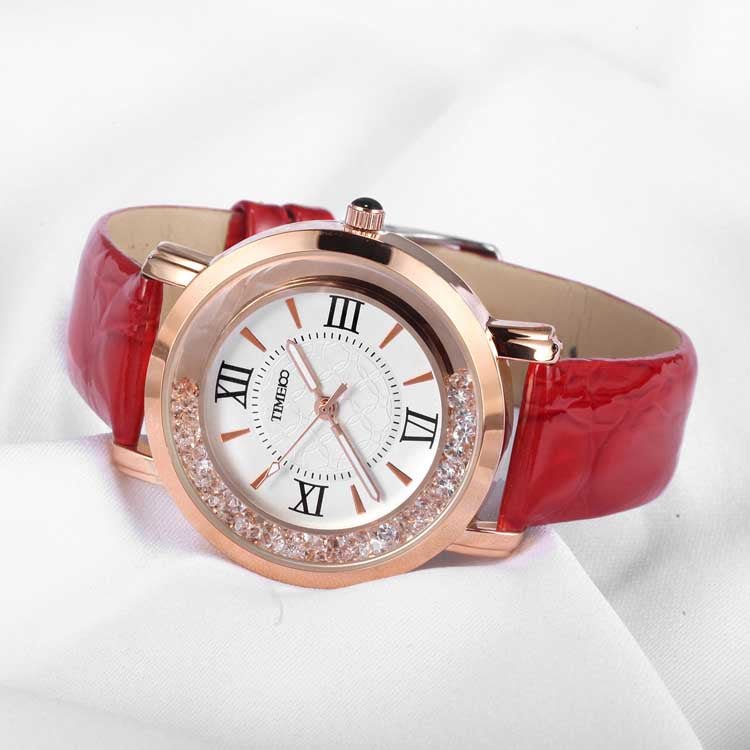 Breathable and silky-smooth genuine black leather strap on the TIME100 women's quartz timepiece Red - Time100