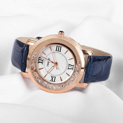Breathable and silky-smooth genuine black leather strap on the TIME100 women's quartz timepiece Blue - Time100