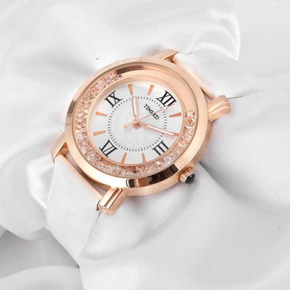 Breathable and silky-smooth genuine black leather strap on the TIME100 women's quartz timepiece White - Time100