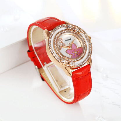 Professional modern lady wearing the 38mm TIME100 crystal fashion watch in an office setting Red - Time100