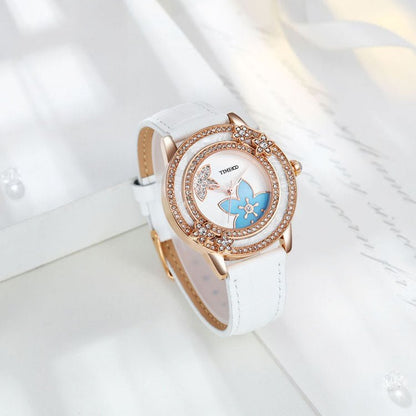Professional modern lady wearing the 38mm TIME100 crystal fashion watch in an office setting White - Time100