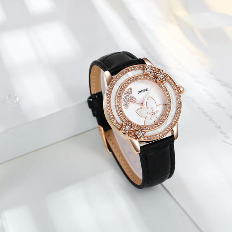 Professional modern lady wearing the 38mm TIME100 crystal fashion watch in an office setting Black - Time100