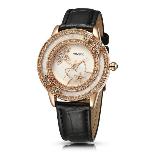 TIME100 Women's Watch Fashion Light and Elegant Flower - Shaped Dial Leather Calfskin Band Diamond Quartz Watch - Time100