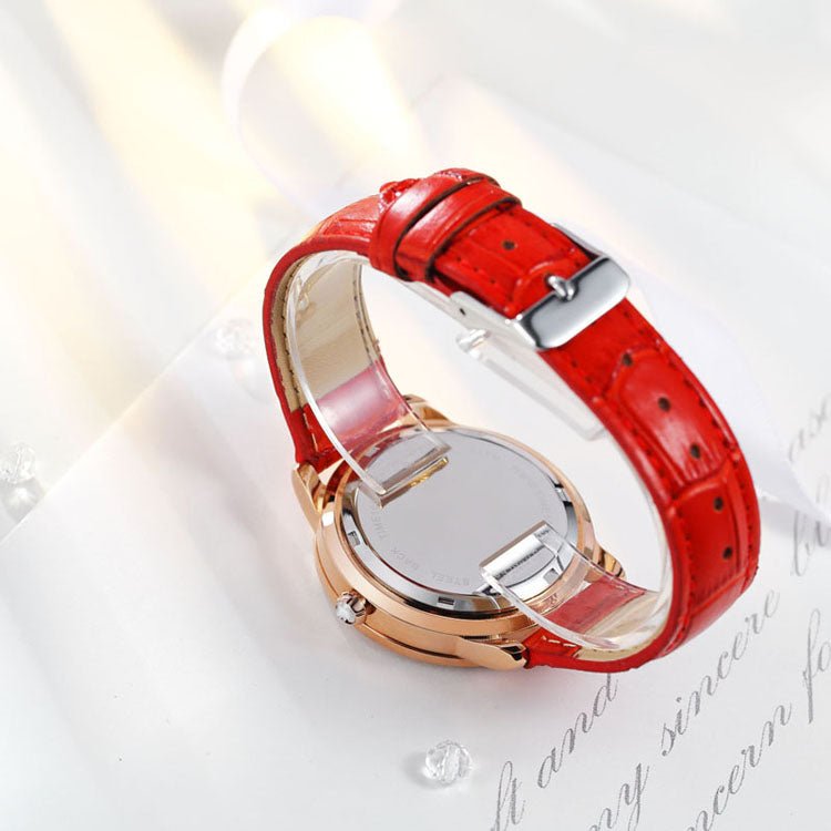 Close-up of the clean analog dial, crystal embellishments, and high-hardness mineral glass on the watch Red - Time100