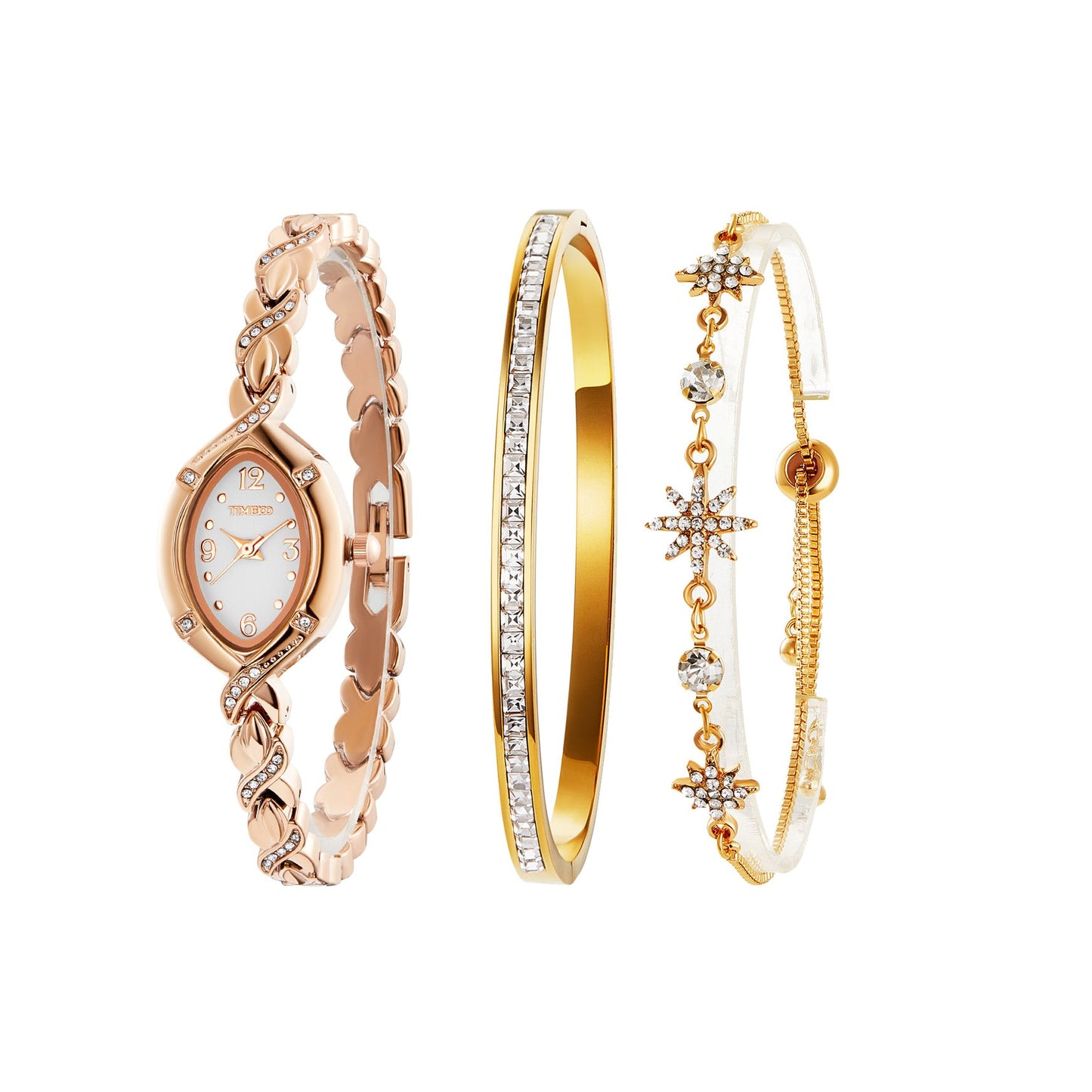 TIME100 Chelsea Oval Watch Set featuring a rose gold-tone timepiece and two matching bracelets Gold two - Time100