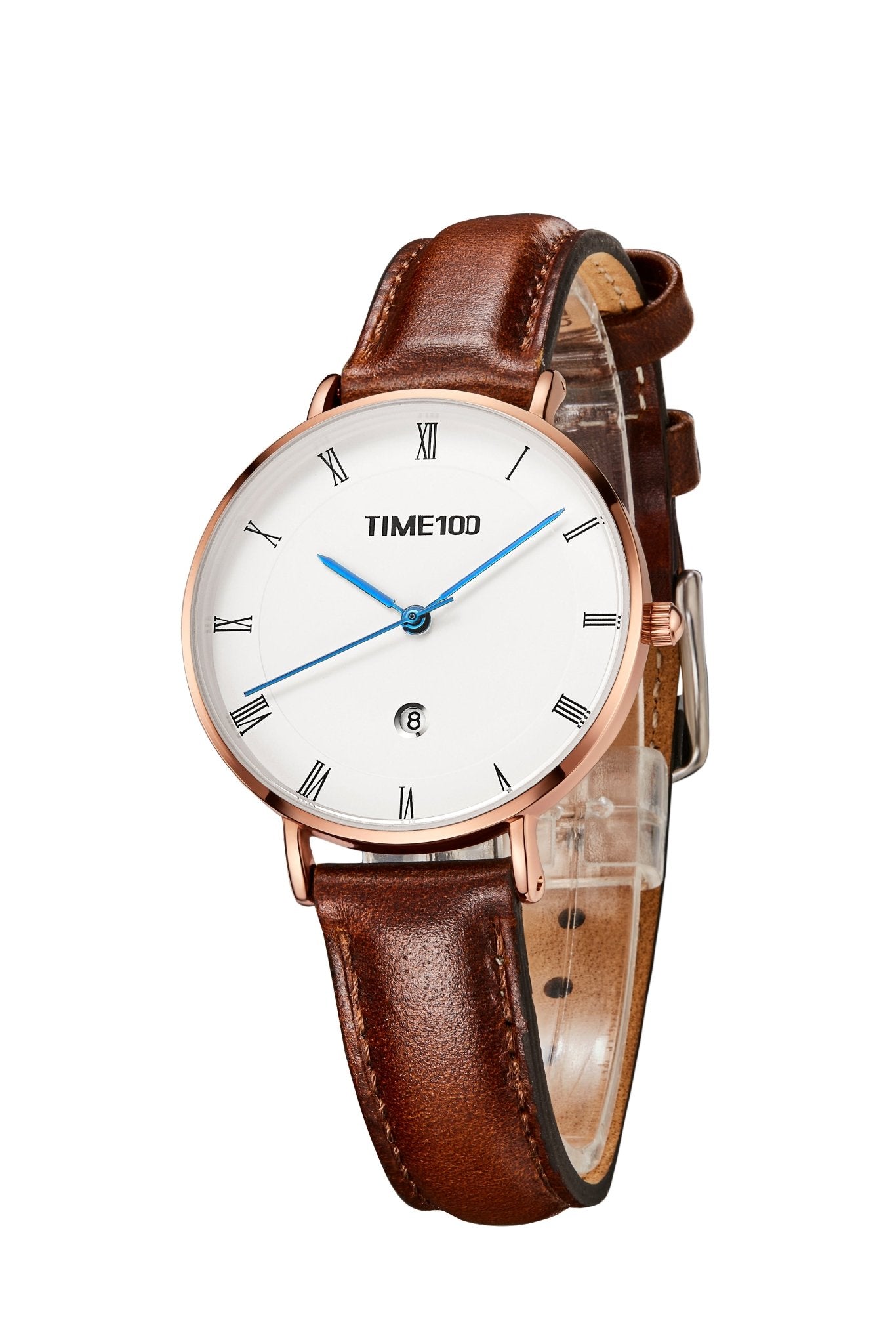 TIME100 W80310L Women's Minimalist Watch with White Roman Numeral Dial and Elegant Blue Hands Brown - Time100