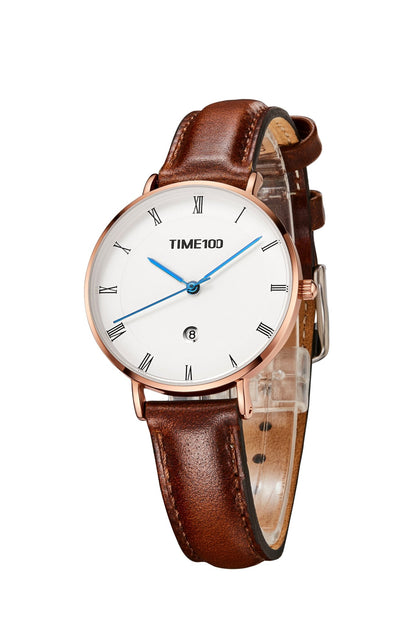 TIME100 W80310L Women's Minimalist Watch with White Roman Numeral Dial and Elegant Blue Hands Brown - Time100