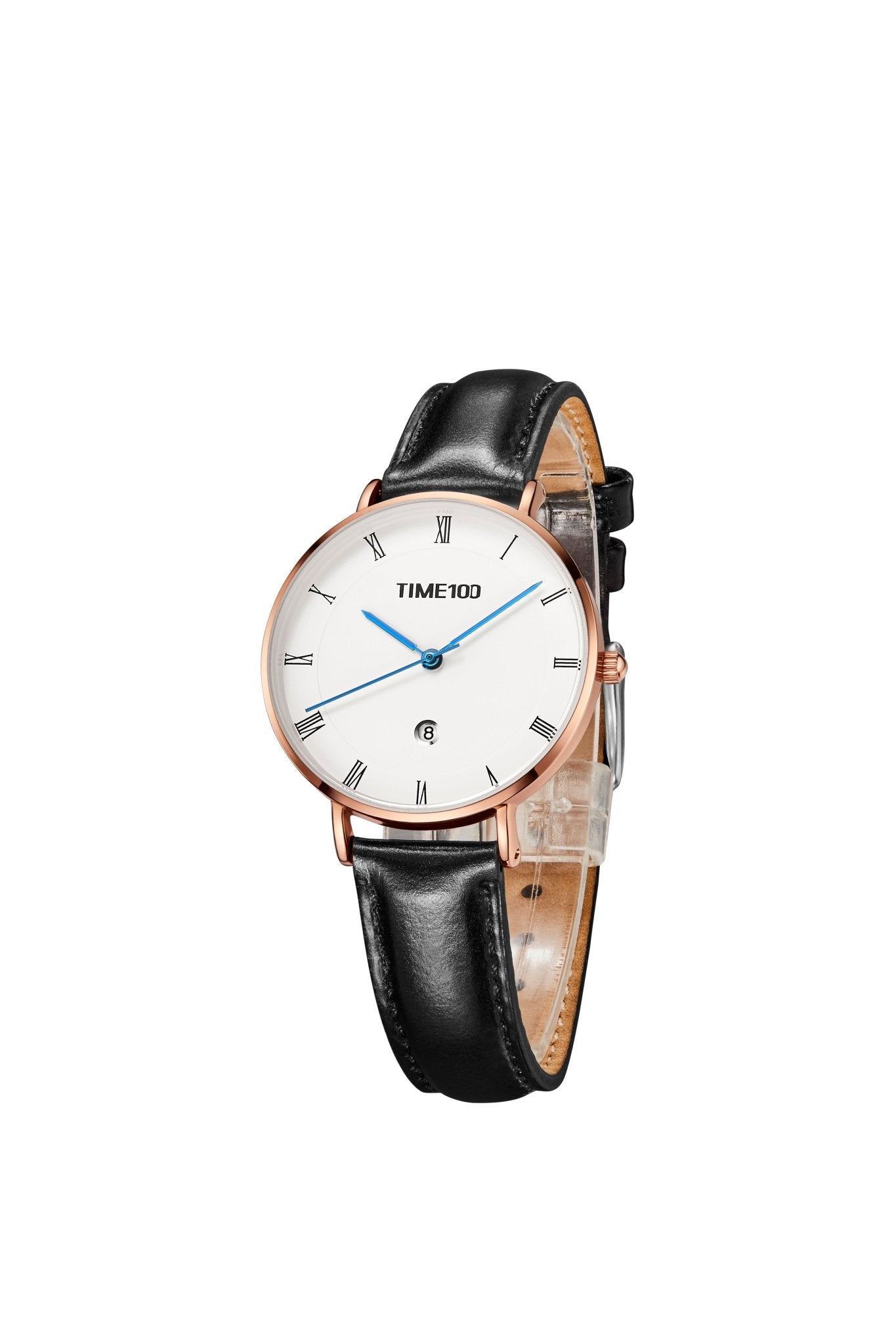 TIME100 W80310L Women's Minimalist Watch with White Roman Numeral Dial and Elegant Blue Hands Black - Time100
