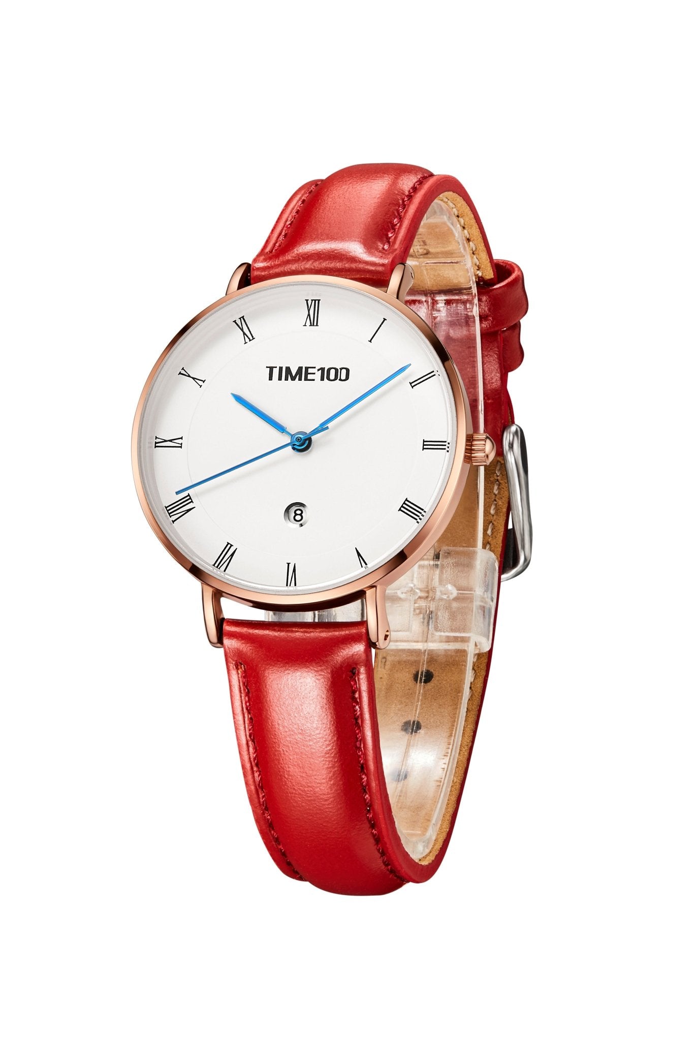 TIME100 W80310L Women's Minimalist Watch with White Roman Numeral Dial and Elegant Blue Hands Red - Time100