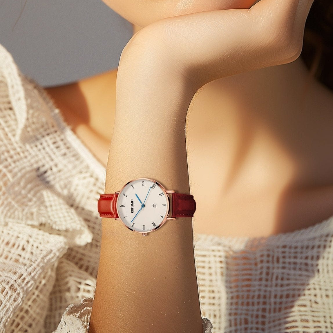 Professional woman wearing the elegant TIME100 W80310L watch in an academic or office setting Red - Time100