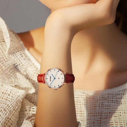 Professional woman wearing the elegant TIME100 W80310L watch in an academic or office setting Red - Time100