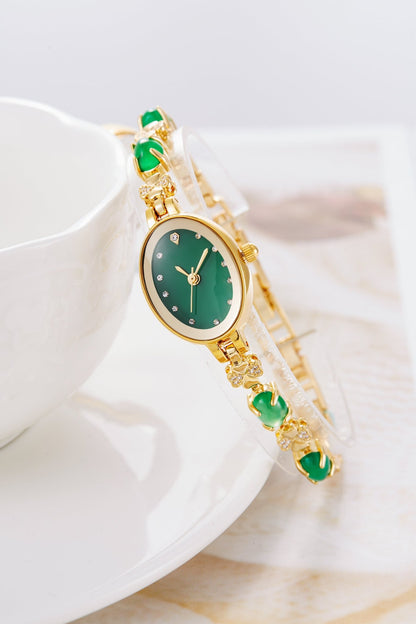 Elegant green and gold-tone gift set including floral pendant necklace, crystal bangle, and bracelet - Time100