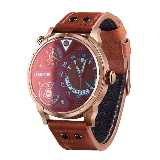 TIME100 Wrist Watch for Men Leather Strap Watches Quartz Movement Waterproof Analog Chronograph Watches - Time100