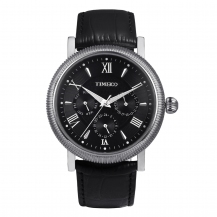 Time100 Classical Roman Number Dial Multifunctional Black Leather Strap Men's Quartz Watch W80060G